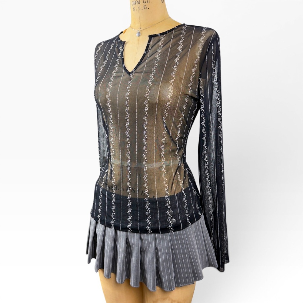 Y2K Sheer Mesh Long Sleeve Top Floral Print Whimsygoth Romantic Size XL
